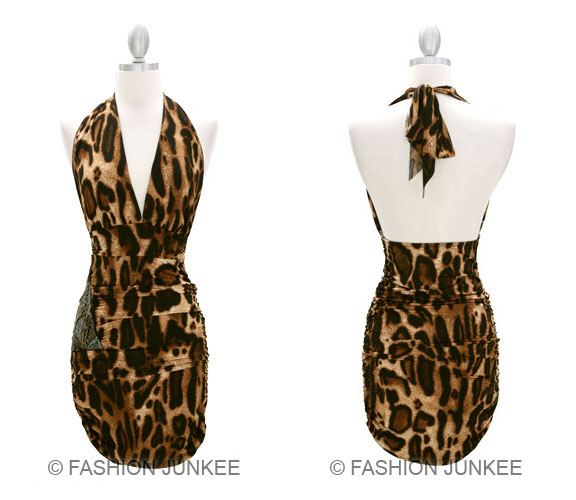 LEOPARD PRINT Beaded HALTER Dress Low Cut Plunging Mini Sexy Short 