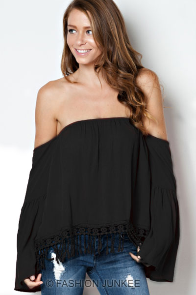 TAUPE Fringe PEASANT ELASTIC TOP Off the Shoulder Boho Flowy Long ...